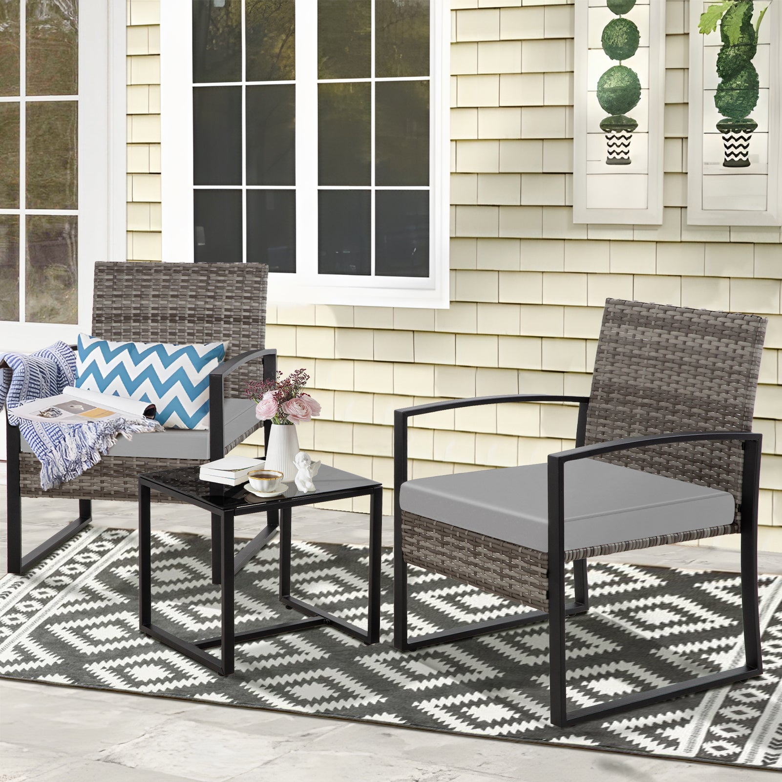 FHFO 3 Pieces Patio Furniture Set, Outdoor Wicker Conversation Bistro Set w/ 2 Chairs, 2 Cushions, Glass Coffee Table for Garden Balcony Backyard Porch Lawn - Black Wicker & Grey Cushions