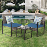 FHFO 3 Pieces Patio Furniture Set, Outdoor Wicker Conversation Bistro Set w/ 2 Chairs, 2 Cushions, Glass Coffee Table for Garden Balcony Backyard Porch Lawn