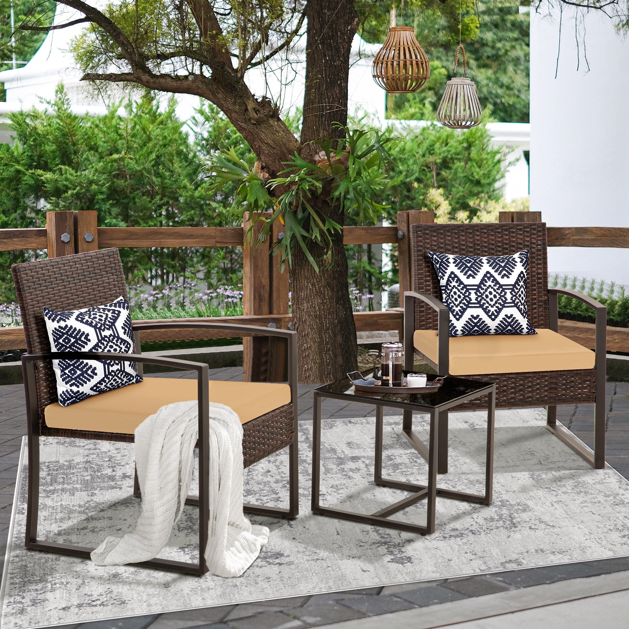 FHFO 3 Pieces Patio Furniture Set, Outdoor Wicker Conversation Bistro Set w/ 2 Chairs, 2 Cushions, Glass Coffee Table for Garden Balcony Backyard Porch Lawn