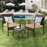 FHFO 3 Pieces Patio Furniture Set, Outdoor Wicker Conversation Bistro Set w/ 2 Chairs, 2 Cushions, Glass Coffee Table for Garden Balcony Backyard Porch Lawn