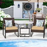 FHFO 3 Pieces Patio Furniture Set, Outdoor Wicker Conversation Bistro Set w/ 2 Chairs, 2 Cushions, Glass Coffee Table for Garden Balcony Backyard Porch Lawn