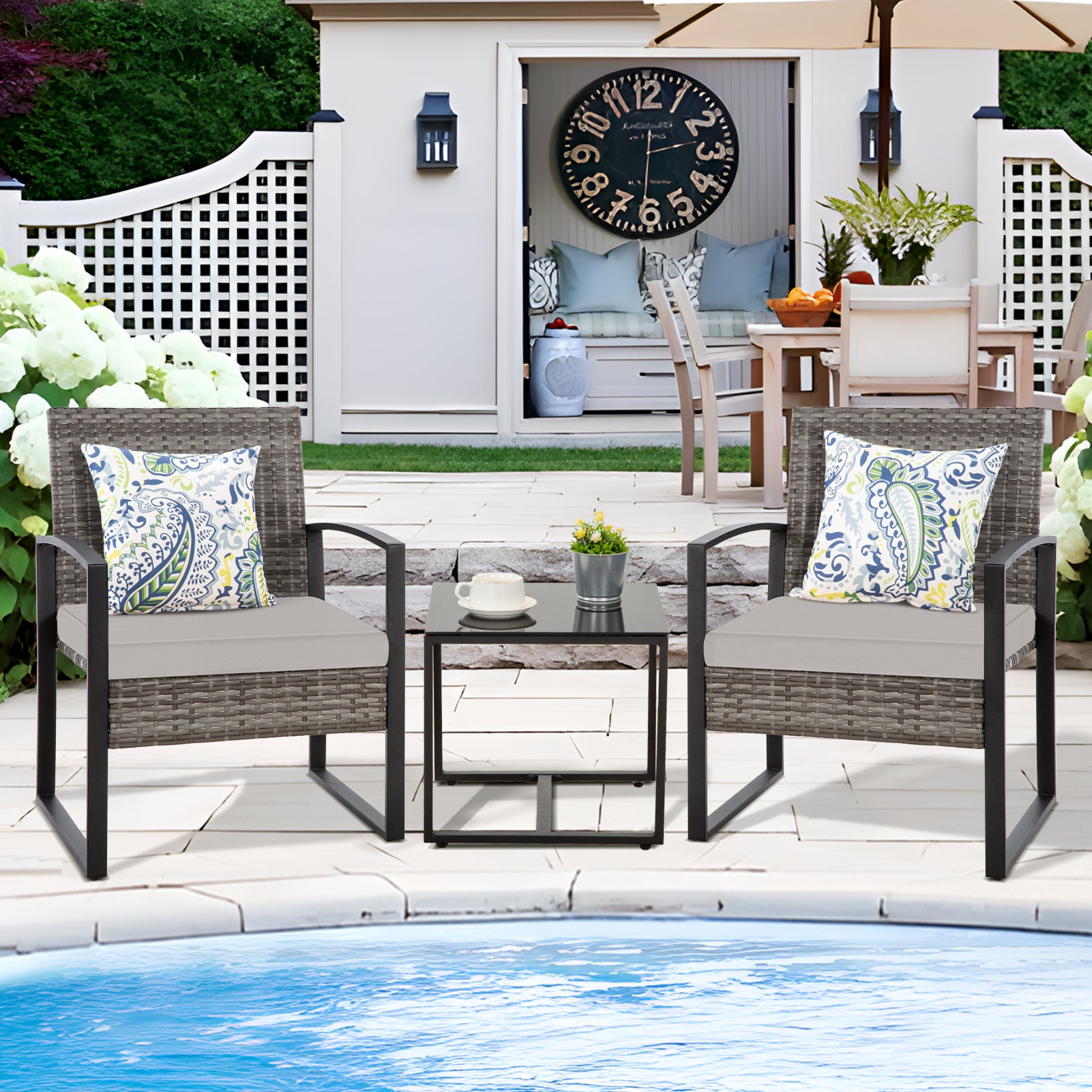 FHFO 3 Pieces Patio Furniture Set, Outdoor Wicker Conversation Bistro Set w/ 2 Chairs, 2 Cushions, Glass Coffee Table for Garden Balcony Backyard Porch Lawn