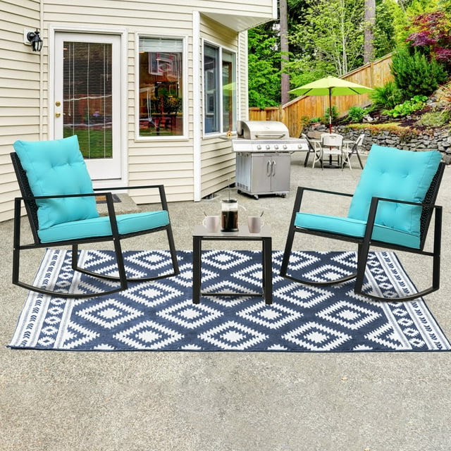 FHFO 3 Pieces Rocking Wicker Bistro Set,Front Porch Chairs Patio Outdoor Furniture Conversation Sets with Porch Chairs and Glass Coffee Table