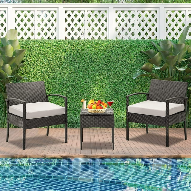 FHFO 3 Pieces Wicker Bistro Set, Outdoor Rattan Patio Conversation Set with Thickened Cushions for Garden Balcony Backyard Porch Lawn, Black Rattan & Red Cushion