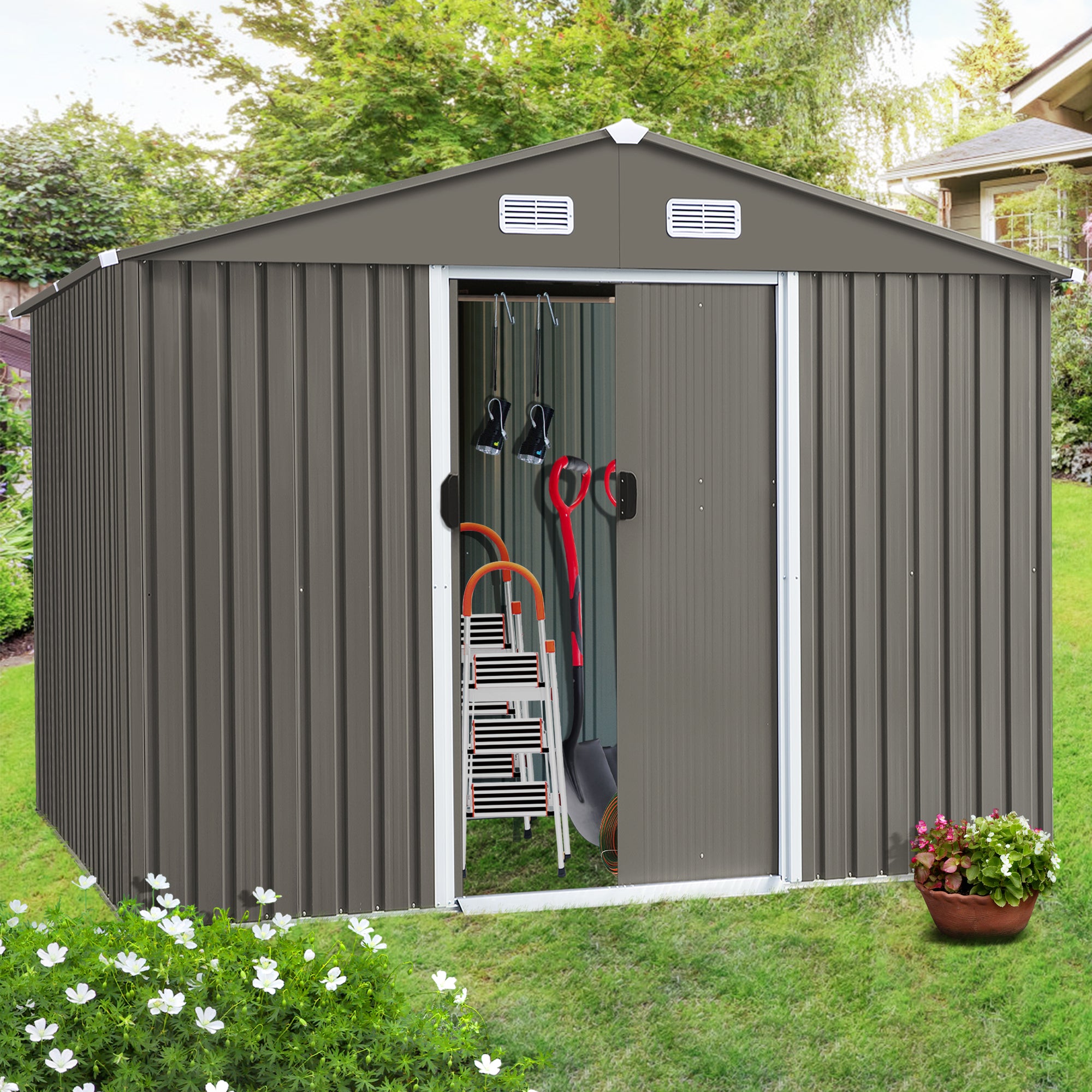 FHFO Storage Shed, Galvanized Steel Sheds & Outdoor Storage Cabinet with Sliding Door, Garden Metal Shed for Tool, Bike, Lawn Mower, Backyard, Patio, Olive Gray