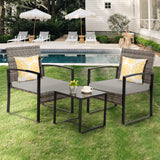 FHFO 3 Pieces Patio Furniture Set, Outdoor Wicker Conversation Bistro Set w/ 2 Chairs, 2 Cushions, Glass Coffee Table for Garden Balcony Backyard Porch Lawn