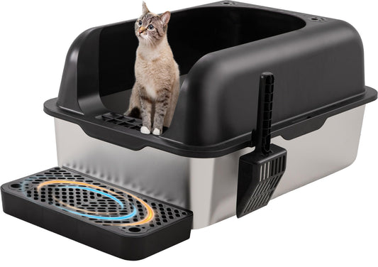 HYDRAGARDEN XL Stainless Steel Cat Litter Box Extra Large Metal Litter Pan Tray for Big Cats with High Sided Enclosure, Anti-Leakage, Easy Cleaning, Non-Sticky, Included Spoon & Aisle