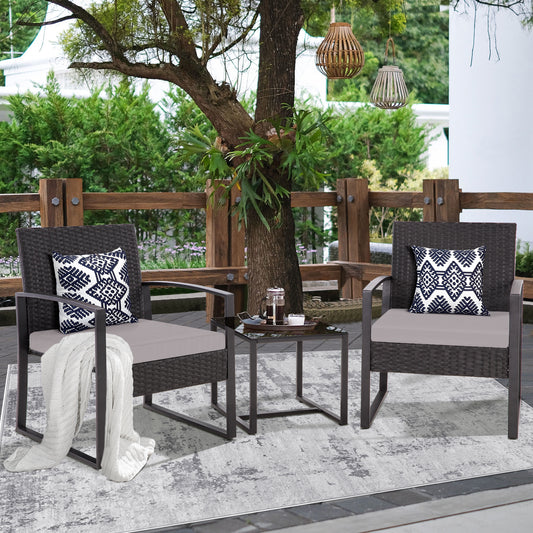 FHFO 3 Pieces Patio Furniture Set, Outdoor Wicker Conversation Bistro Set w/ 2 Chairs, 2 Cushions, Glass Coffee Table for Garden Balcony Backyard Porch Lawn