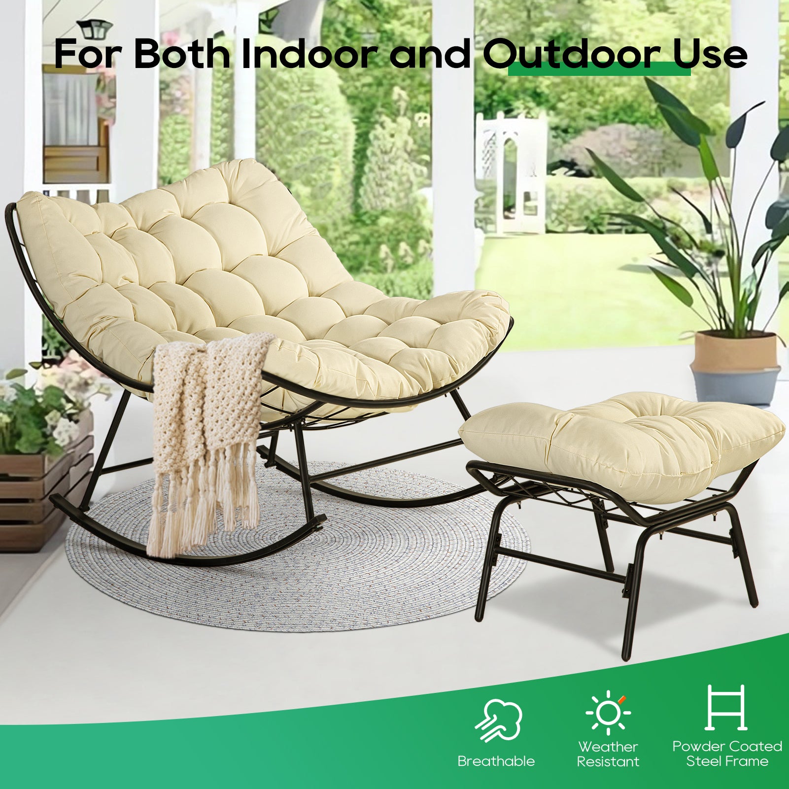 Patio Rocking Papasan Chair, Outdoor & Indoor Egg Reading Recliner Chair, Oversized Royal Comfy Lounge Rocker with Large Cushion and Ottoman for Bedroom, Living Room, Porch,Beige