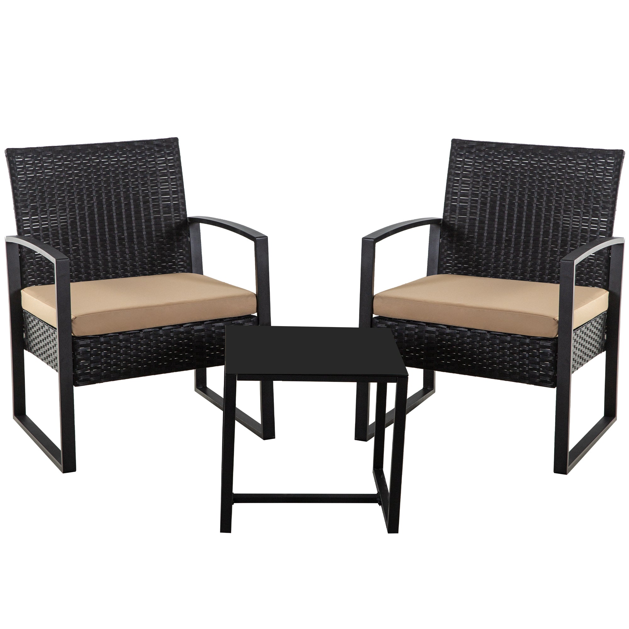 FHFO 3 Pieces Patio Furniture Set, Outdoor Wicker Conversation Bistro Set w/ 2 Chairs, 2 Cushions, Glass Coffee Table for Garden Balcony Backyard Porch Lawn - Brown Wicker & White Cushions