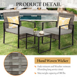 FHFO 3 Pieces Patio Furniture Set, Outdoor Wicker Conversation Bistro Set w/ 2 Chairs, 2 Cushions, Glass Coffee Table for Garden Balcony Backyard Porch Lawn