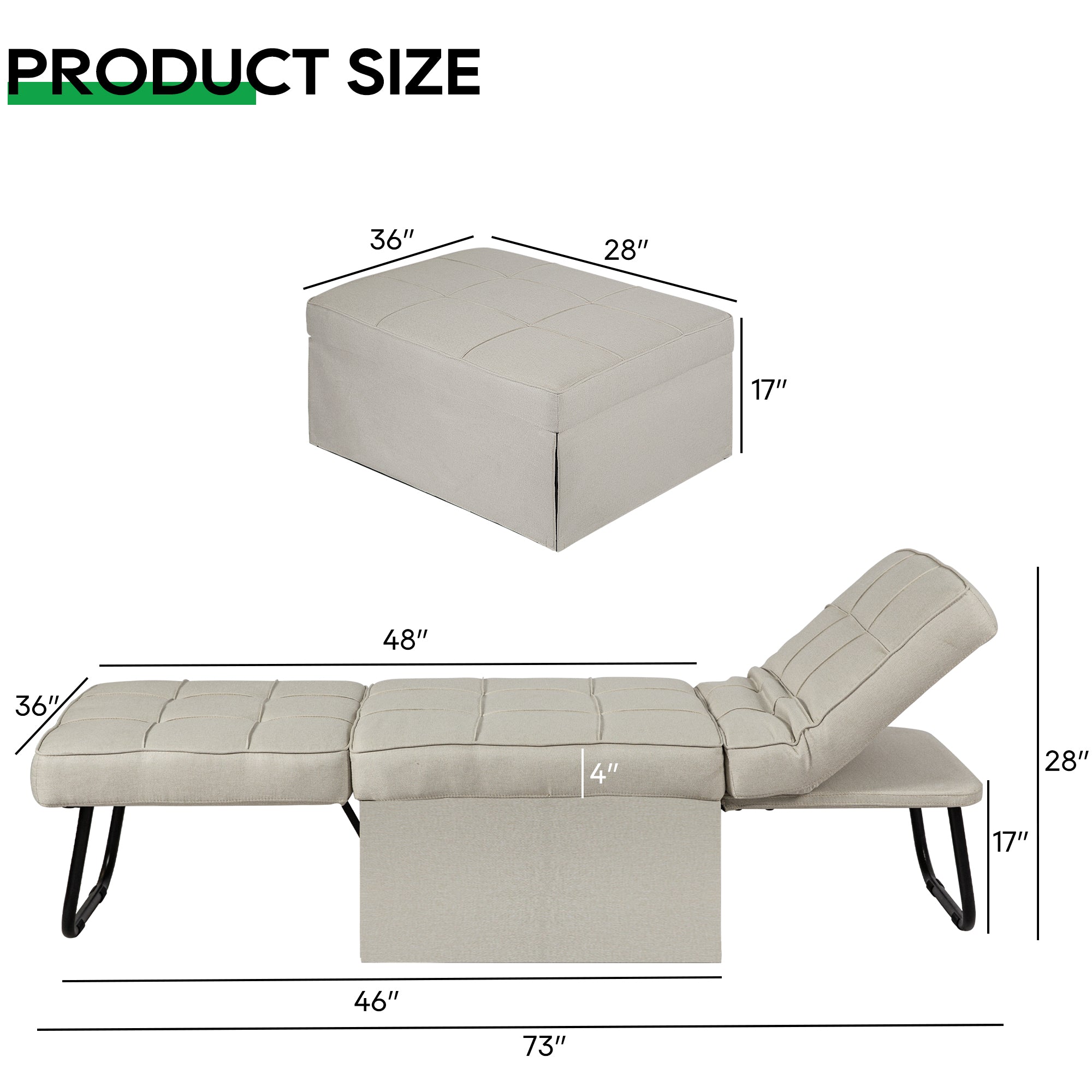 Convertible Sofa Bed,4 in 1 Multi Function Ottoman Bed,Assembly-Free Chair Bed Sleeper with Adjustable Backrest and Pillow