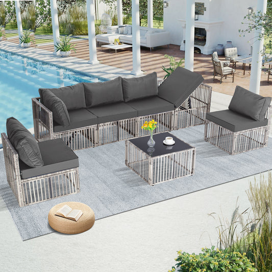 7 Piece Patio Bistro Set with Ottoman, Outdoor Wicker Apartment Balcony Furniture Sets, Rattan Table and Chairs for Porch Backyard Lawn Poolside Deck