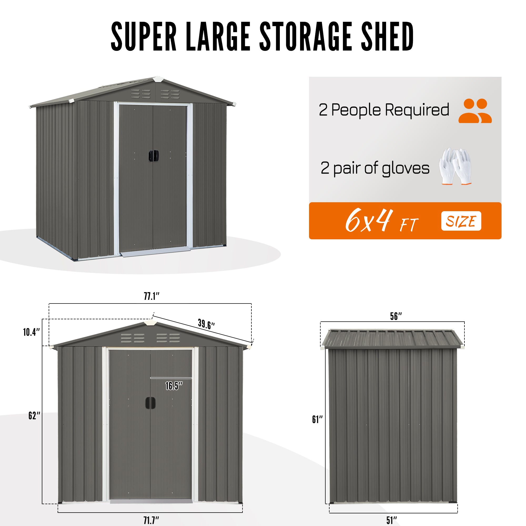 FHFO Storage Shed, Galvanized Steel Sheds & Outdoor Storage Cabinet with Sliding Door, Garden Metal Shed for Tool, Bike, Lawn Mower, Backyard, Patio, Olive Gray