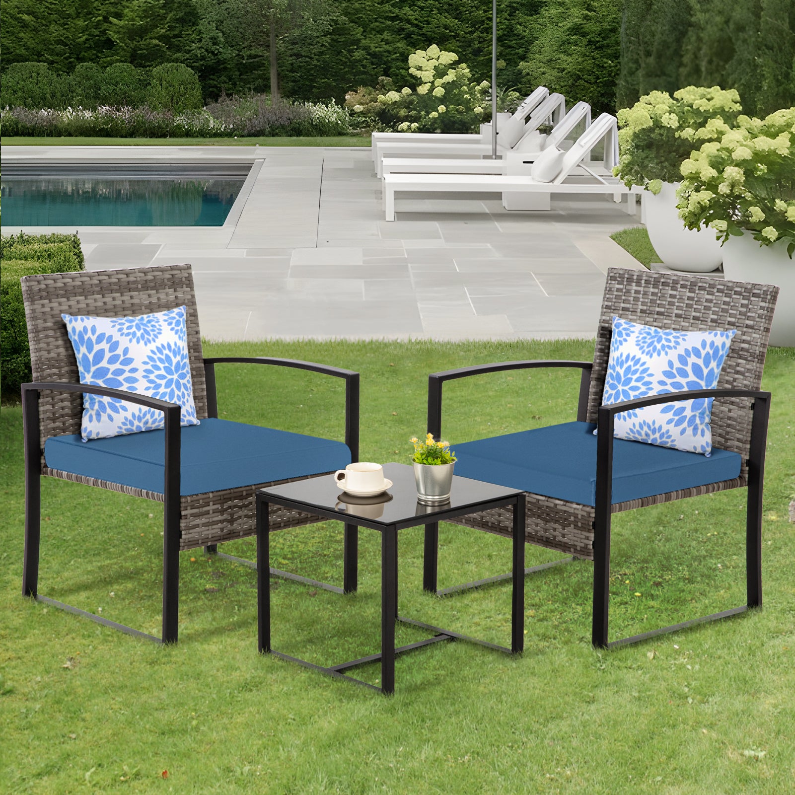 FHFO 3 Pieces Patio Furniture Set, Outdoor Wicker Conversation Bistro Set w/ 2 Chairs, 2 Cushions, Glass Coffee Table for Garden Balcony Backyard Porch Lawn - Black Wicker & Grey Cushions