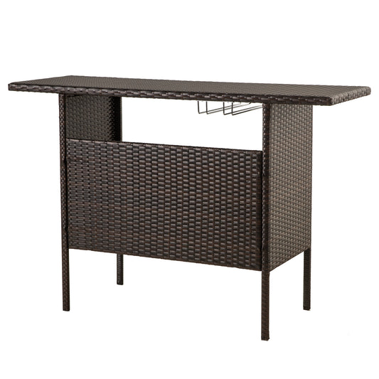 FHFO Outdoor Patio Wicker Bar, Rattan Counter Table with 2 Storage Shelves, 2 Steel Shelves for Backyard, Poolside, Garden