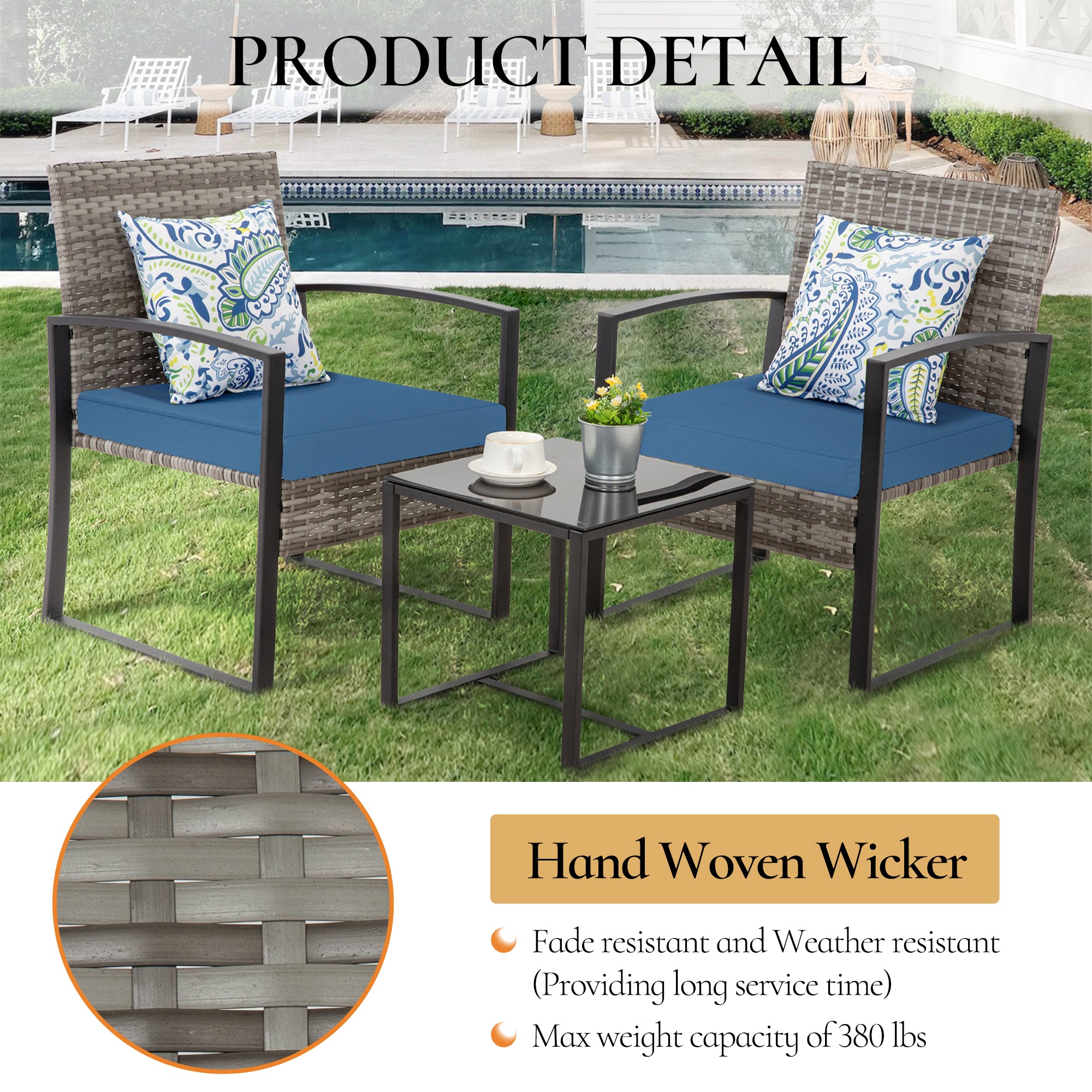 FHFO 3 Pieces Patio Furniture Set, Outdoor Wicker Conversation Bistro Set w/ 2 Chairs, 2 Cushions, Glass Coffee Table for Garden Balcony Backyard Porch Lawn