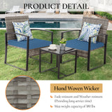 FHFO 3 Pieces Patio Furniture Set, Outdoor Wicker Conversation Bistro Set w/ 2 Chairs, 2 Cushions, Glass Coffee Table for Garden Balcony Backyard Porch Lawn