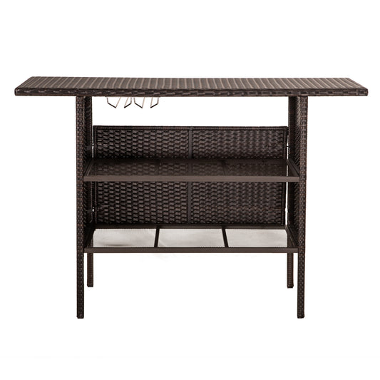 FHFO Outdoor Patio Wicker Bar, Rattan Counter Table with 2 Storage Shelves, 2 Steel Shelves for Backyard, Poolside, Garden