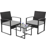 FHFO 3 Pieces Patio Furniture Set, Outdoor Wicker Conversation Bistro Set w/ 2 Chairs, 2 Cushions, Glass Coffee Table for Garden Balcony Backyard Porch Lawn - Black Wicker & Grey Cushions