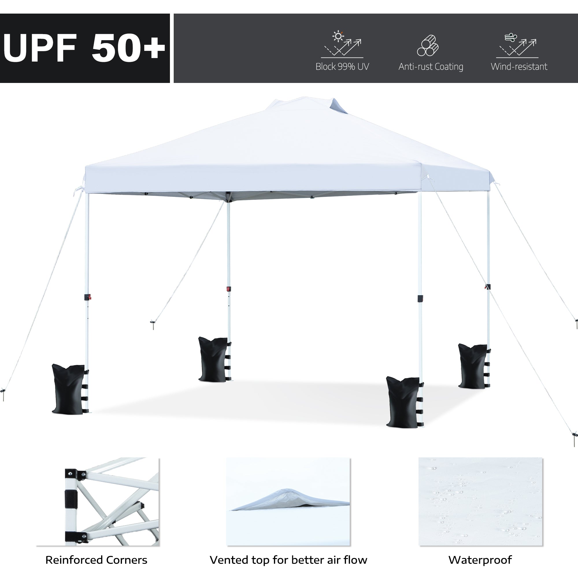 FHFO Canopy Tent 10x10ft Pop Up Gazebo Canopy Shade Outdoor Tent Waterproof&Sunscreen, High Density Silver Coated Oxford Tent,Adjustable Height,8 Stakes,4 Sandbags,4 Ropes,1 Carrying Bag,White