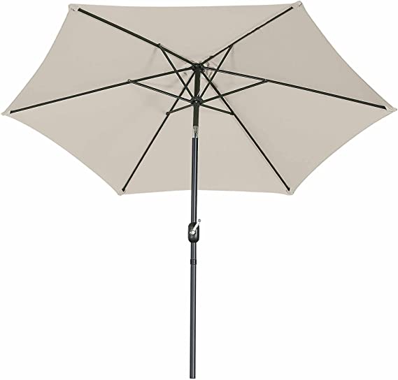 FHFO 9' Patio Outdoor Table Umbrella Large Sun Market Umbrella with Easy Push Button Tilt and Crank, 6 Sturdy Ribs Fade Resistant Waterproof for Beach, Pool, Deck, Backyard