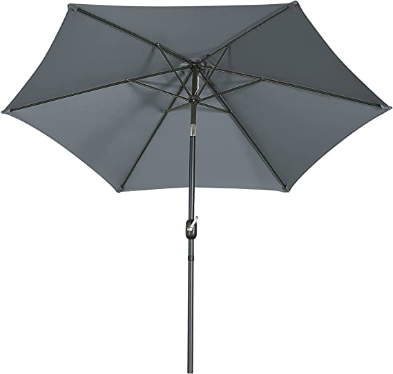 FHFO 9' Patio Outdoor Table Umbrella Large Sun Market Umbrella with Easy Push Button Tilt and Crank, 6 Sturdy Ribs Fade Resistant Waterproof for Beach, Pool, Deck, Backyard