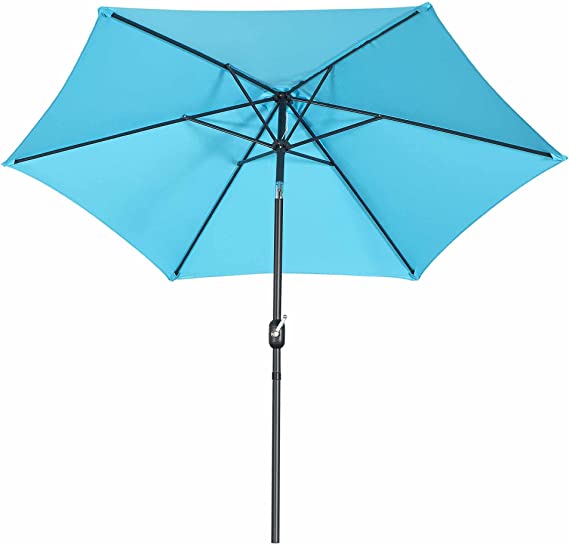 FHFO 9' Patio Outdoor Table Umbrella Large Sun Market Umbrella with Easy Push Button Tilt and Crank, 6 Sturdy Ribs Fade Resistant Waterproof for Beach, Pool, Deck, Backyard