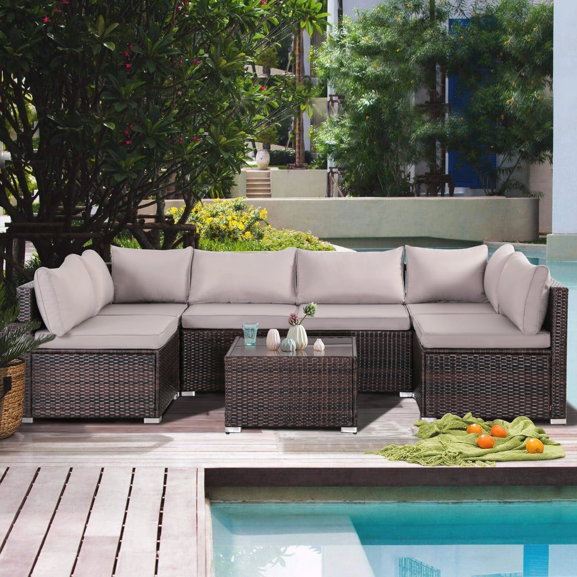 7 Pieces Outdoor Patio Furniture Set Modular Patio Set Wicker Outdoor Sectional Sofa Set PE Rattan Patio Conversation Sets with Cushions & Coffee Table for Outside, Garden, Poolside, Porch, Gray