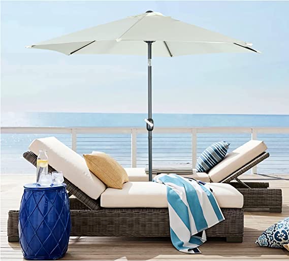 FHFO 9' Patio Outdoor Table Umbrella Large Sun Market Umbrella with Easy Push Button Tilt and Crank, 6 Sturdy Ribs Fade Resistant Waterproof for Beach, Pool, Deck, Backyard