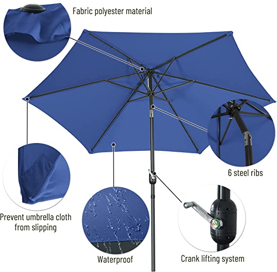 FHFO 9' Patio Outdoor Table Umbrella Large Sun Market Umbrella with Easy Push Button Tilt and Crank, 6 Sturdy Ribs Fade Resistant Waterproof for Beach, Pool, Deck, Backyard