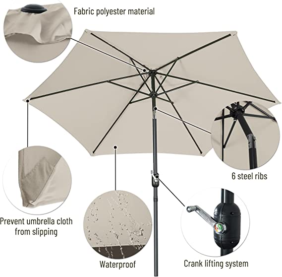 FHFO 9' Patio Outdoor Table Umbrella Large Sun Market Umbrella with Easy Push Button Tilt and Crank, 6 Sturdy Ribs Fade Resistant Waterproof for Beach, Pool, Deck, Backyard