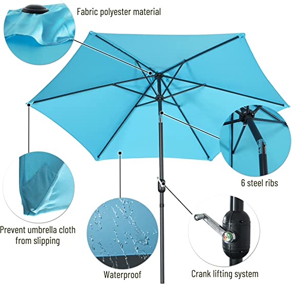 FHFO 9' Patio Outdoor Table Umbrella Large Sun Market Umbrella with Easy Push Button Tilt and Crank, 6 Sturdy Ribs Fade Resistant Waterproof for Beach, Pool, Deck, Backyard