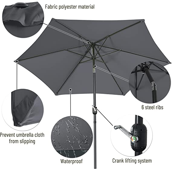 FHFO 9' Patio Outdoor Table Umbrella Large Sun Market Umbrella with Easy Push Button Tilt and Crank, 6 Sturdy Ribs Fade Resistant Waterproof for Beach, Pool, Deck, Backyard