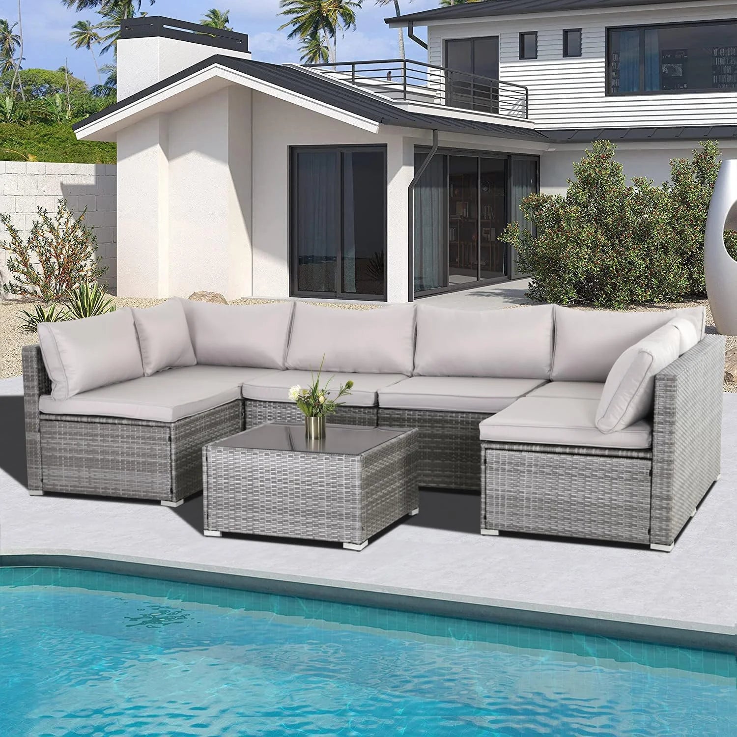 7 Pieces Outdoor Patio Furniture Set Modular Patio Set Wicker Outdoor Sectional Sofa Set PE Rattan Patio Conversation Sets with Cushions & Coffee Table for Outside, Garden, Poolside, Porch, Gray