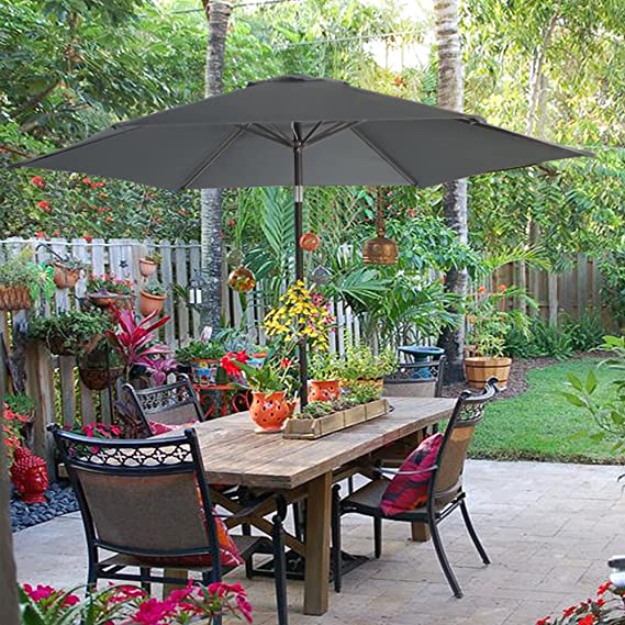 FHFO 9' Patio Outdoor Table Umbrella Large Sun Market Umbrella with Easy Push Button Tilt and Crank, 6 Sturdy Ribs Fade Resistant Waterproof for Beach, Pool, Deck, Backyard