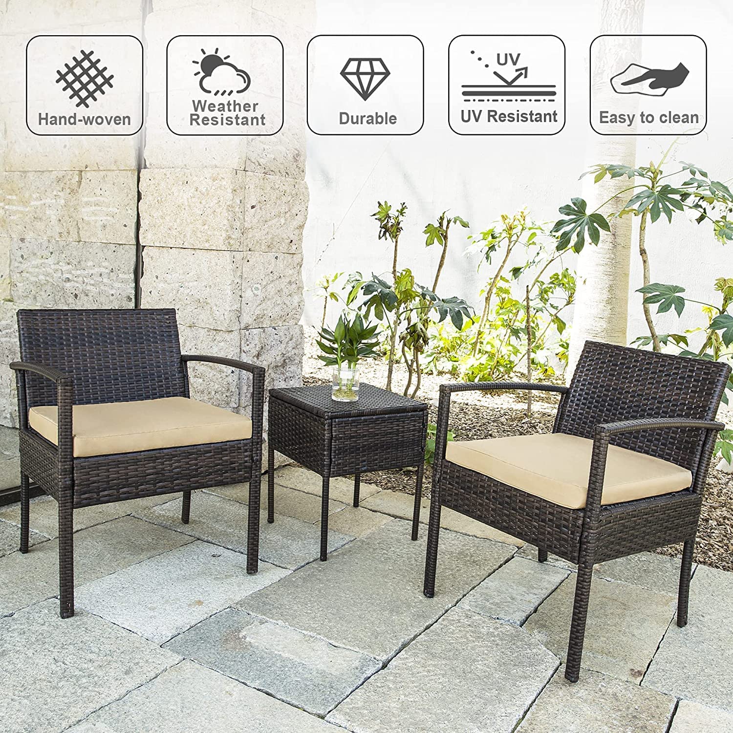 FHFO Patio Furniture Set Outdoor Furniture Outdoor Patio Furniture Set 3 Pieces Patio Conversation Set Table and Chairs with Cushions for Garden Balcony Backyard Porch Lawn Brown Rattan White Cushion