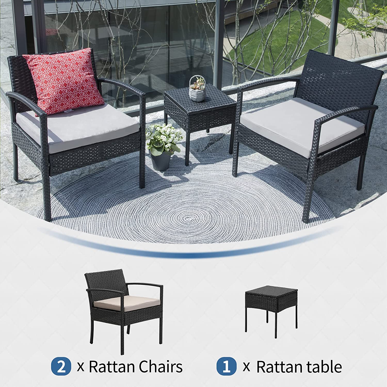 FHFO Patio Furniture Set Outdoor Furniture Outdoor Patio Furniture Set 3 Pieces Patio Conversation Set Table and Chairs with Cushions for Garden Balcony Backyard Porch Lawn Brown Rattan White Cushion