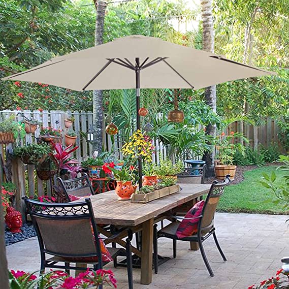 FHFO 9' Patio Outdoor Table Umbrella Large Sun Market Umbrella with Easy Push Button Tilt and Crank, 6 Sturdy Ribs Fade Resistant Waterproof for Beach, Pool, Deck, Backyard