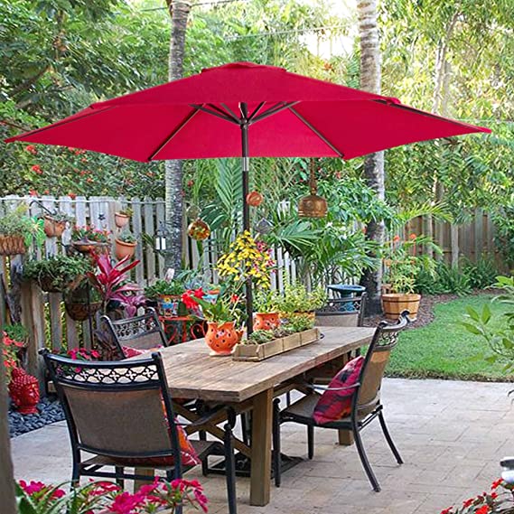 FHFO 9' Patio Outdoor Table Umbrella Large Sun Market Umbrella with Easy Push Button Tilt and Crank, 6 Sturdy Ribs Fade Resistant Waterproof for Beach, Pool, Deck, Backyard