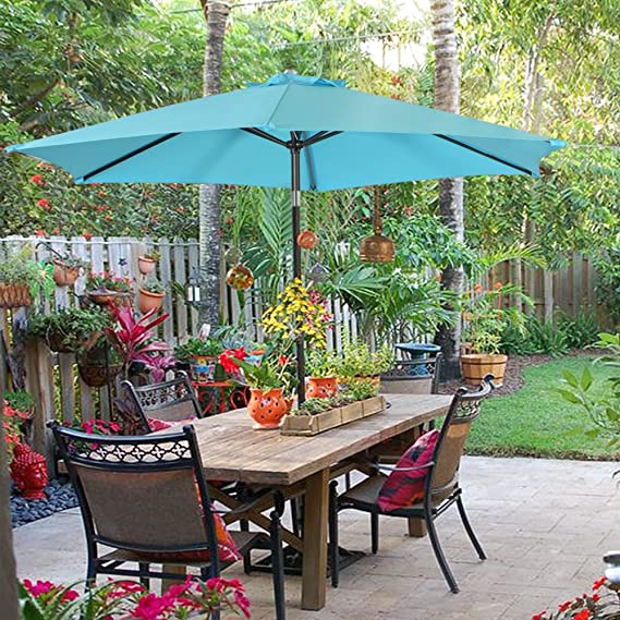 FHFO 9' Patio Outdoor Table Umbrella Large Sun Market Umbrella with Easy Push Button Tilt and Crank, 6 Sturdy Ribs Fade Resistant Waterproof for Beach, Pool, Deck, Backyard