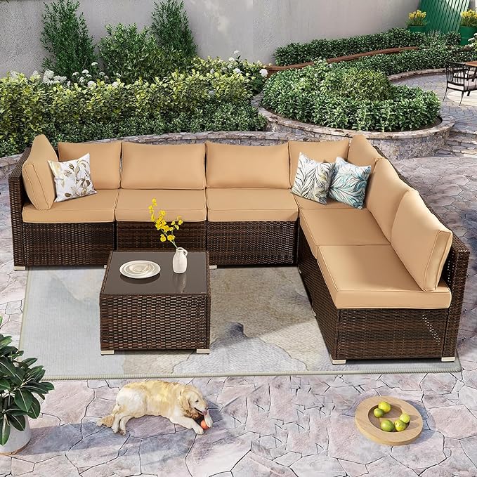 FHFO 7/8 Pieces Patio Furniture Set,Wicker Outdoor Conversation Set,Rattan Sectional Sofa Set w/Washable Cushions & Glass Coffee Table for Porch Poolside