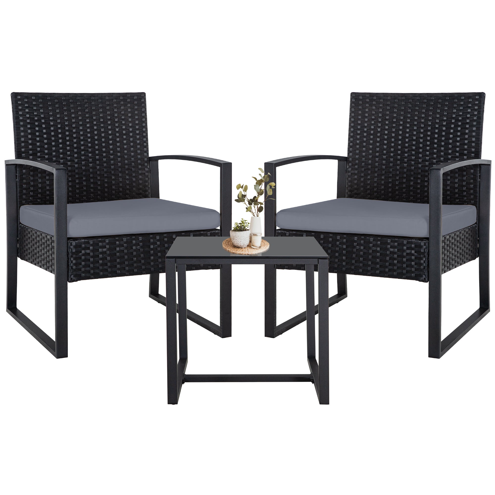 FHFO 3 Pieces Patio Furniture Set, Outdoor Wicker Conversation Bistro Set w/ 2 Chairs, 2 Cushions, Glass Coffee Table for Garden Balcony Backyard Porch Lawn - Brown Wicker & White Cushions