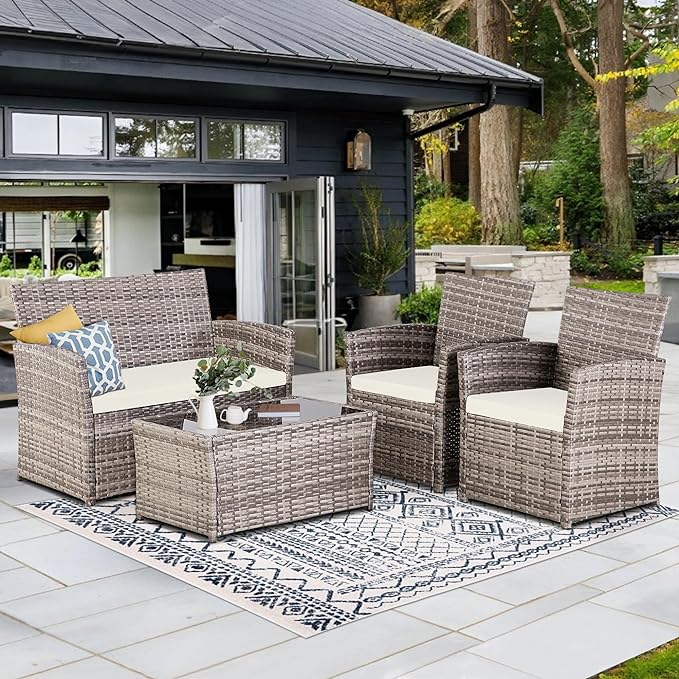 FHFO 4 Piece Patio Furniture Set,Outdoor Wicker Conversation Sets,Rattan Sectional Sofa w/Coffee Table,Seat Cushions for Backyard Porch Garden Poolside