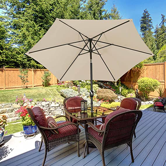 FHFO 9' Patio Outdoor Table Umbrella Large Sun Market Umbrella with Easy Push Button Tilt and Crank, 6 Sturdy Ribs Fade Resistant Waterproof for Beach, Pool, Deck, Backyard