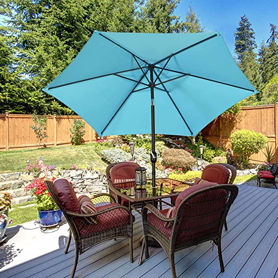 FHFO 9' Patio Outdoor Table Umbrella Large Sun Market Umbrella with Easy Push Button Tilt and Crank, 6 Sturdy Ribs Fade Resistant Waterproof for Beach, Pool, Deck, Backyard