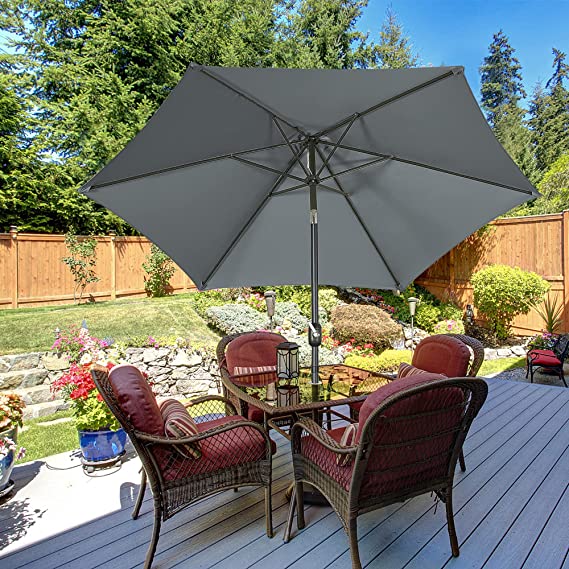 FHFO 9' Patio Outdoor Table Umbrella Large Sun Market Umbrella with Easy Push Button Tilt and Crank, 6 Sturdy Ribs Fade Resistant Waterproof for Beach, Pool, Deck, Backyard