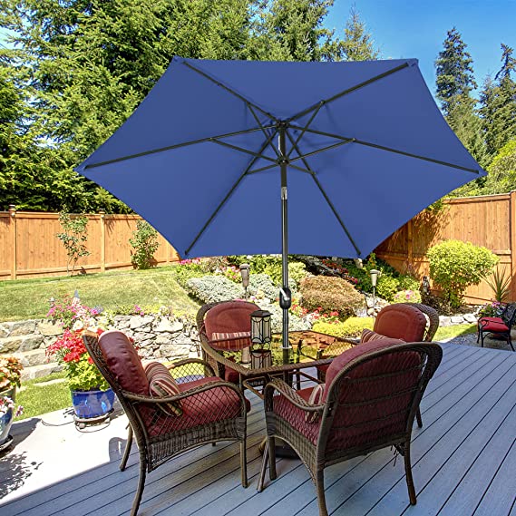 FHFO 9' Patio Outdoor Table Umbrella Large Sun Market Umbrella with Easy Push Button Tilt and Crank, 6 Sturdy Ribs Fade Resistant Waterproof for Beach, Pool, Deck, Backyard