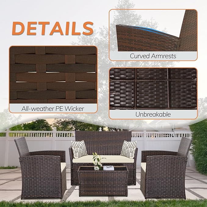 FHFO 4 Piece Patio Furniture Set,Outdoor Wicker Conversation Sets,Rattan Sectional Sofa w/Coffee Table,Seat Cushions for Backyard Porch Garden Poolside