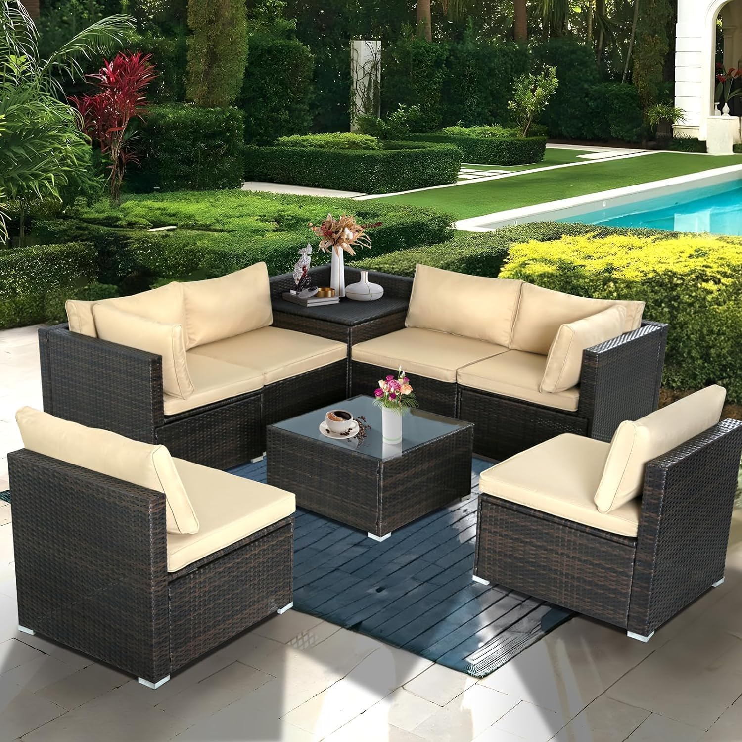 FHFO 7/8 Pieces Patio Furniture Set,Wicker Outdoor Conversation Set,Rattan Sectional Sofa Set w/Washable Cushions & Glass Coffee Table for Porch Poolside